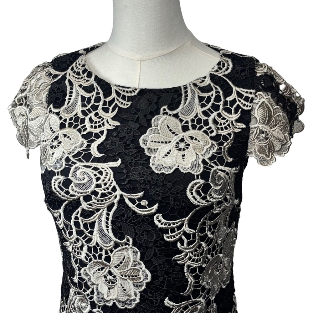Alice + Olivia Lace Dress Black Cream Floral Mermaid Elegant Cocktail Classy 0 - Picture 3 of 14